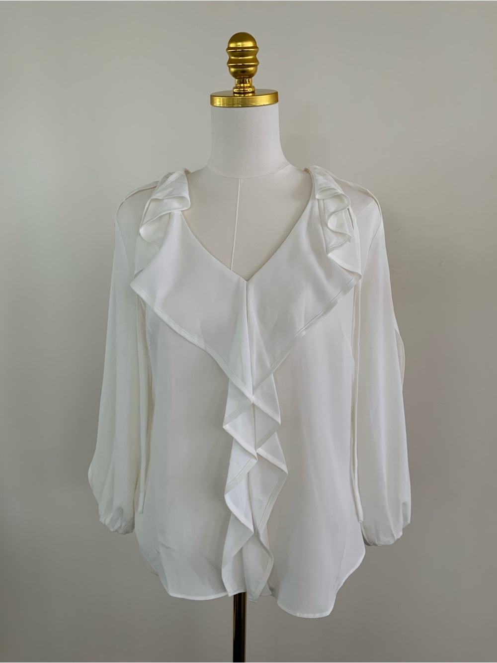 White House Black Market Ivory Ruffle V-Neck Blouse